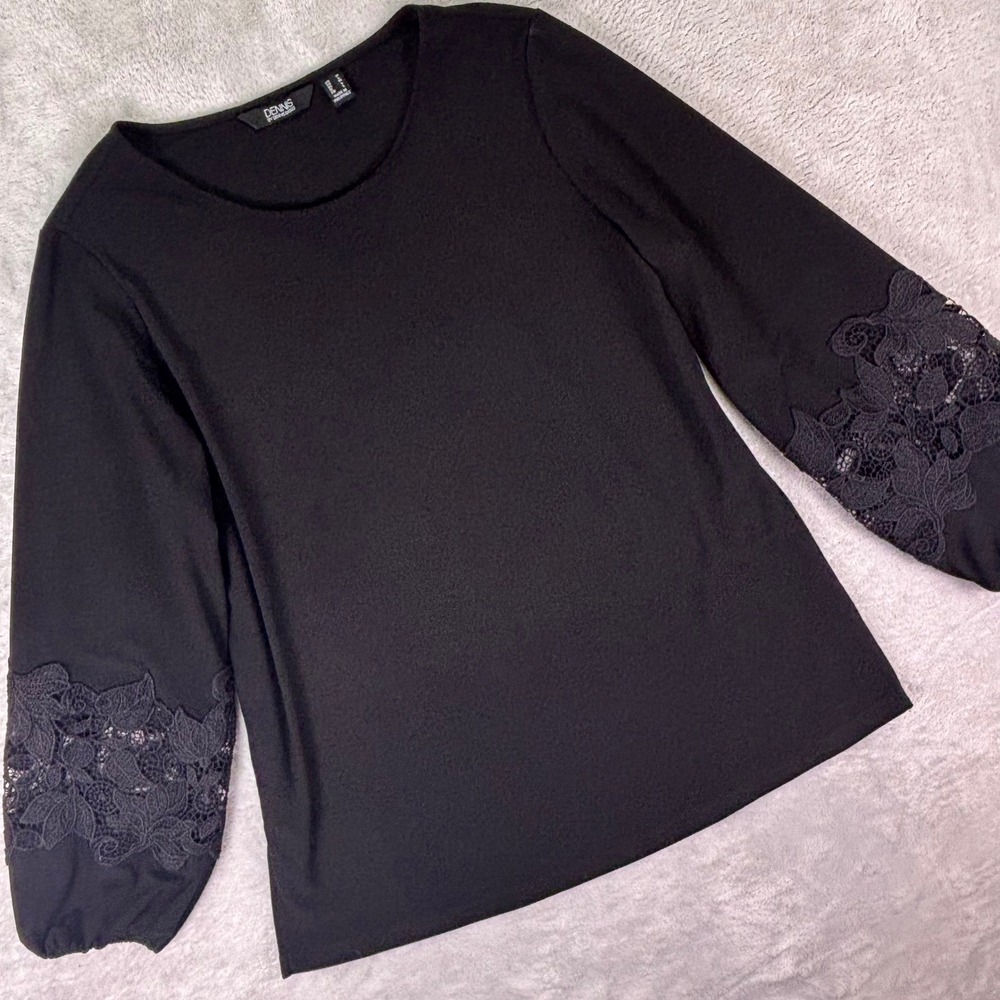 Dennis by Dennis Basso Women's Black Lace Sleeve Blouse Sz M‎ Stretch Knit Top